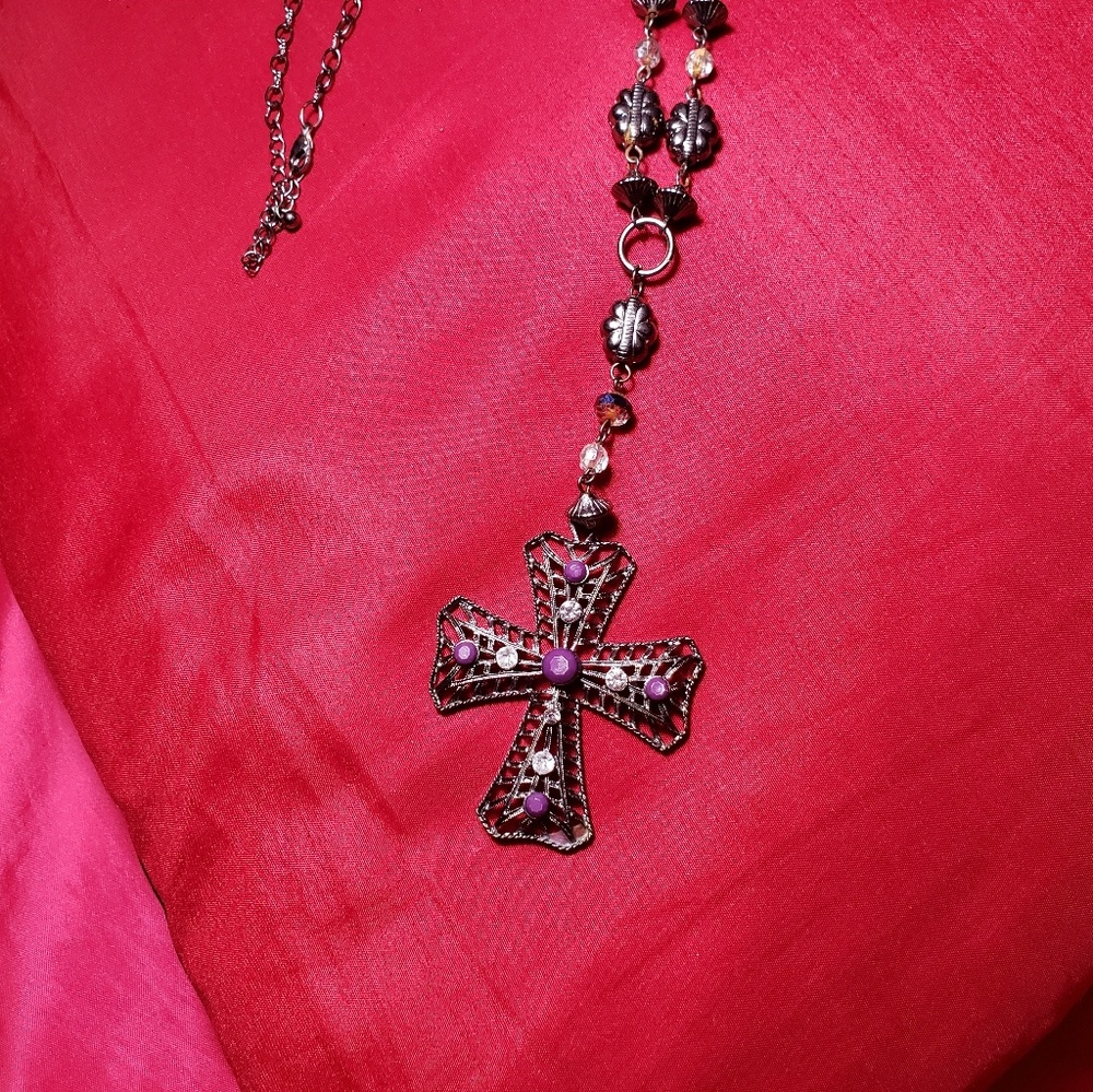 Black and purple beaded cross necklace